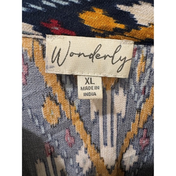 Wonderly Womens XL Navy Blue Ikat Print Embroidered Split Neck Maxi Dress Boho - Picture 3 of 8